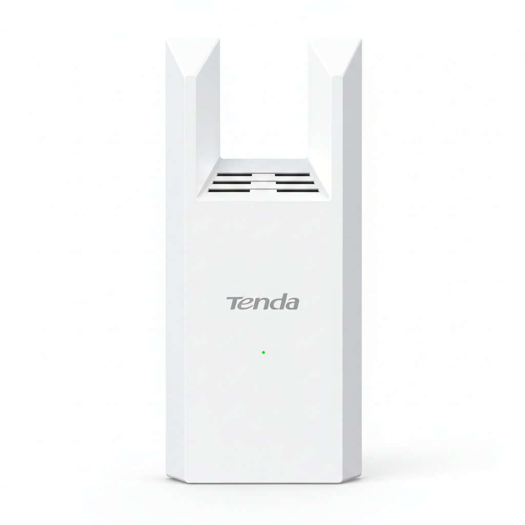 Front view of the white Tenda A18 Pro AC1200 dual-band Wi-Fi range extender.


