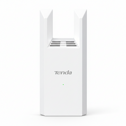 Front view of the white Tenda A18 Pro AC1200 dual-band Wi-Fi range extender.

