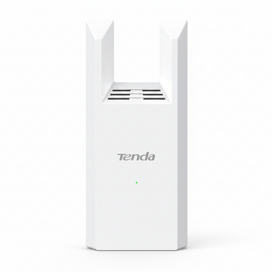 Front view of the white Tenda A18 Pro AC1200 dual-band Wi-Fi range extender.

