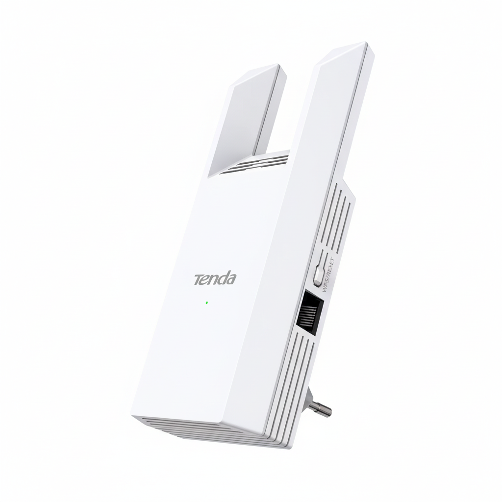 The extender displayed at an angle, highlighting the wall-mountable design.

