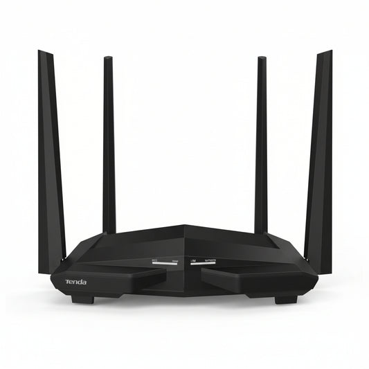 Front view of the Tenda AC10 AC1200 smart gigabit Wi-Fi router with 4 external antennas.

