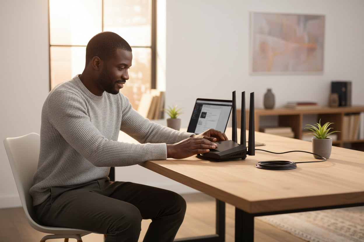 Context image of the router installed in a home with fiber internet and multiple connected devices.