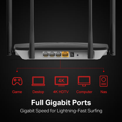 Mercusys AC12G showing rear gigabit ports with icons for gaming, desktop, 4K HDTV, computer, and NAS connectivity.