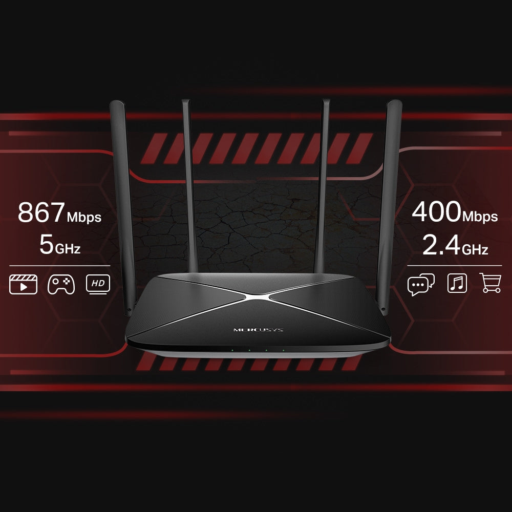 Mercusys AC12G showing 867 Mbps 5GHz and 400 Mbps 2.4GHz dual-band Wi-Fi speeds for gaming, HD streaming, and browsing.