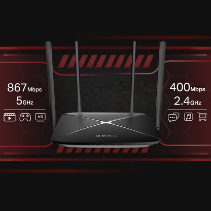 Mercusys AC12G showing 867 Mbps 5GHz and 400 Mbps 2.4GHz dual-band Wi-Fi speeds for gaming, HD streaming, and browsing.