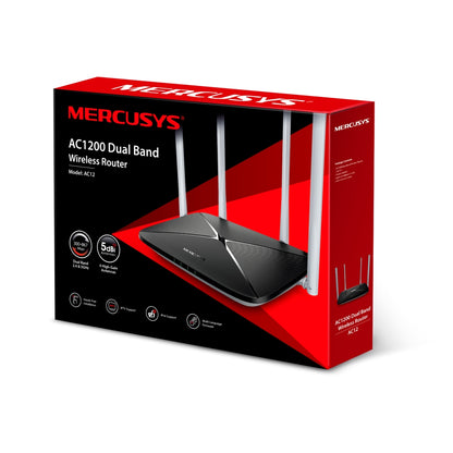 Mercusys AC12 Retail Packaging – Red Box with Product Image and Key Features Displayed