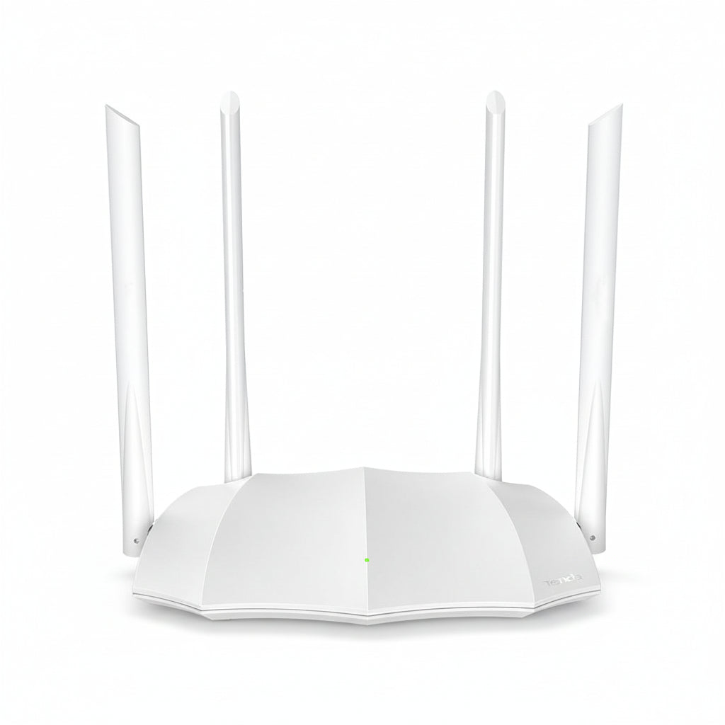 Front view of the Tenda AC5 AC1200 dual-band smart Wi-Fi router with 4 external antennas.

