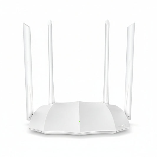 Front view of the Tenda AC5 AC1200 dual-band smart Wi-Fi router with 4 external antennas.

