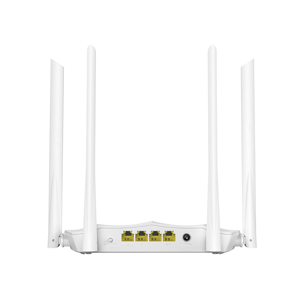 Rear view illustrating the 4 LAN ports, WAN port, and power connector.

