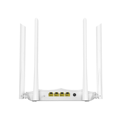 Rear view illustrating the 4 LAN ports, WAN port, and power connector.

