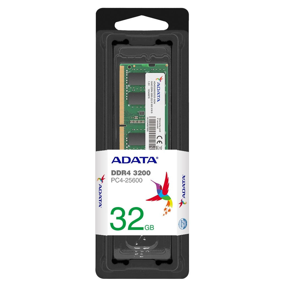ADATA 32GB DDR4 3200MHz laptop RAM module packaging on a white background