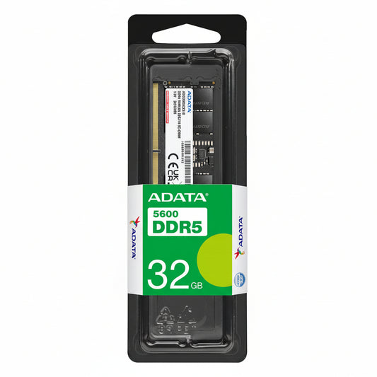 Front view of the ADATA DDR5 32GB 5600MHz U-DIMM desktop memory module.

