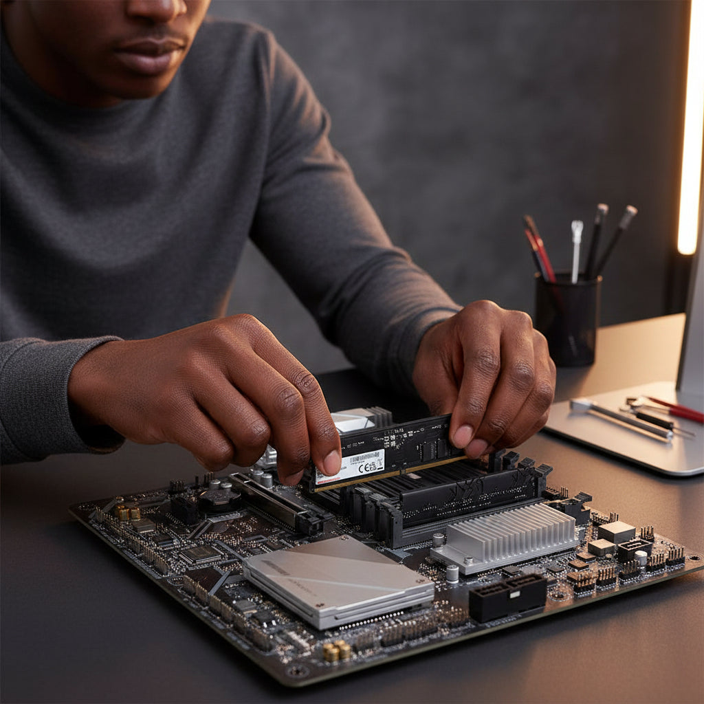 Context image of the memory module installed in a desktop PC motherboard.

