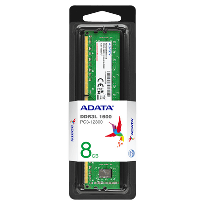 ADATA DDR3L 1600 memory module packaging on a clear background