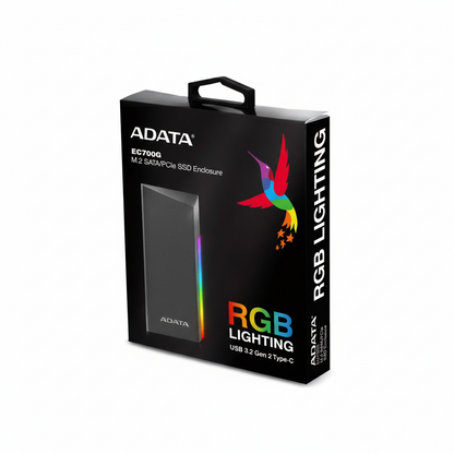 Front view of the ADATA EC700G M.2 SSD external enclosure with RGB lighting.

