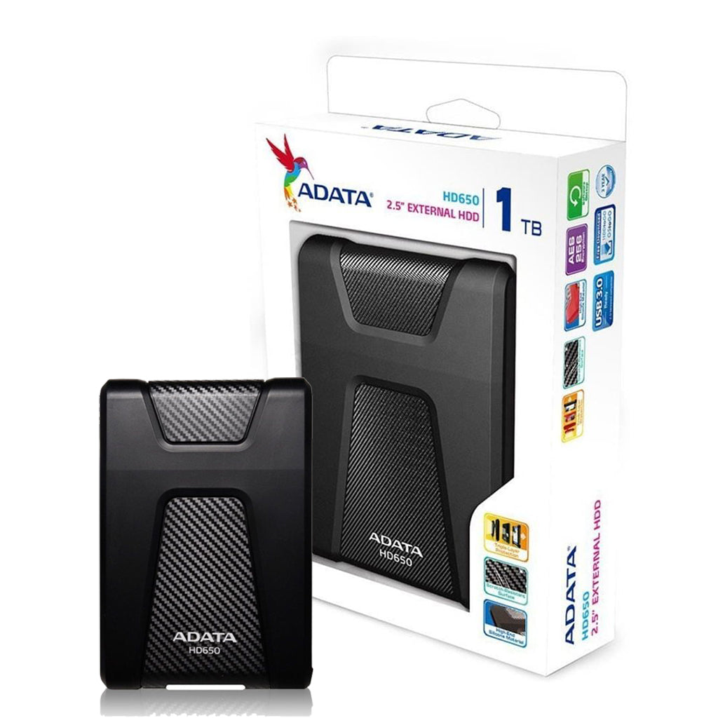 Front view of the black ADATA DashDrive Durable HD650 1TB external hard drive.

