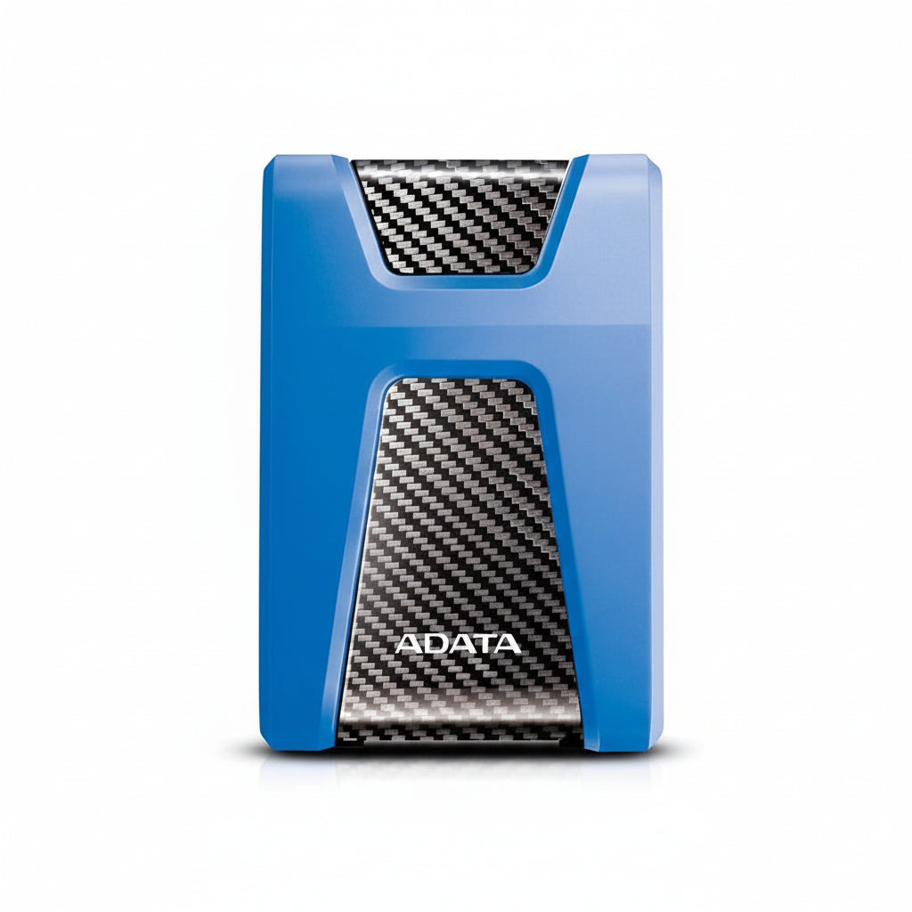 Front view of the blue ADATA DashDrive Durable HD650 1TB external hard drive.


