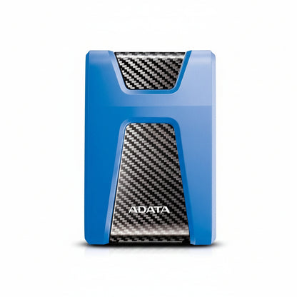 Front view of the blue ADATA DashDrive Durable HD650 1TB external hard drive.

