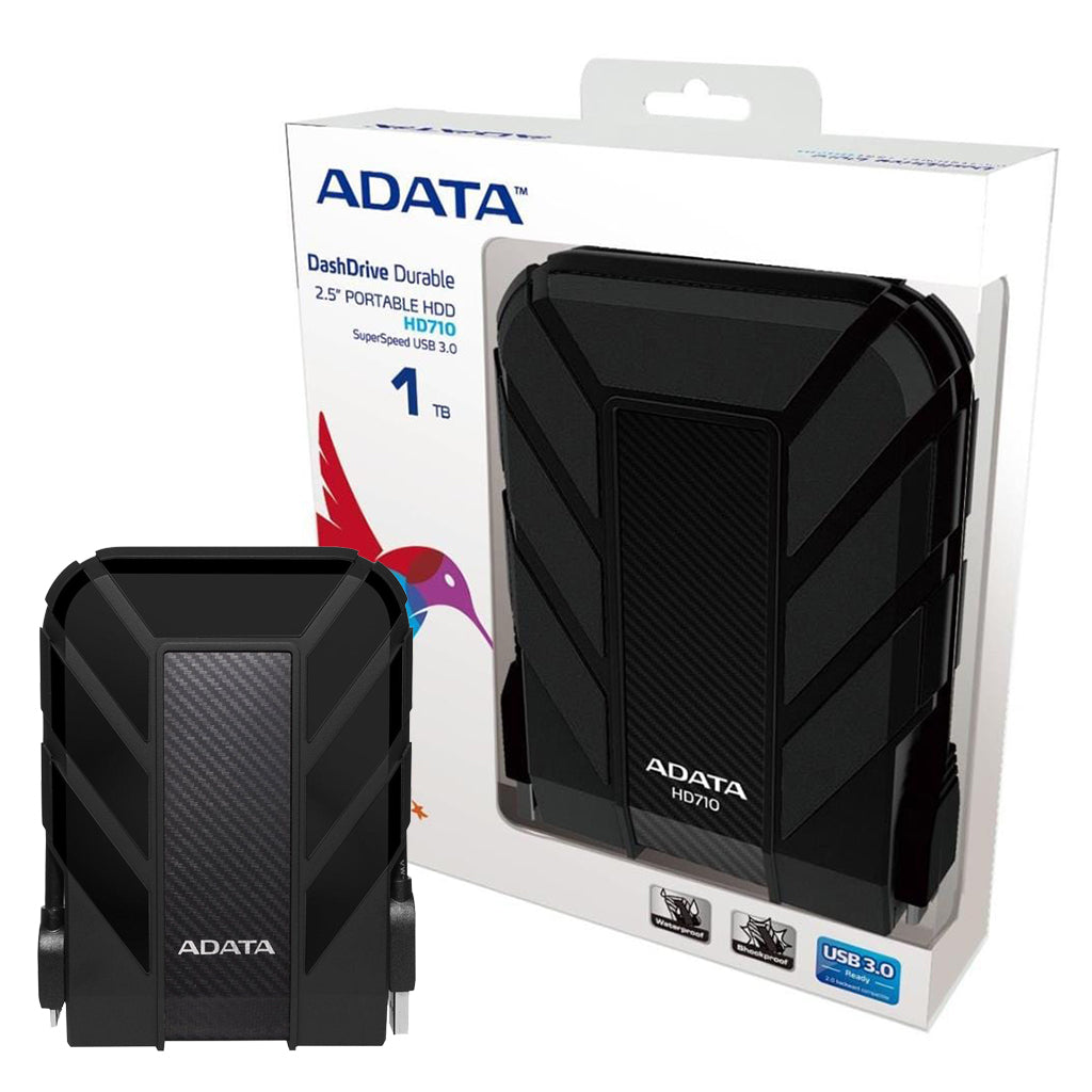 Front view of the black ADATA DashDrive Durable HD710 1TB rugged external hard drive.

