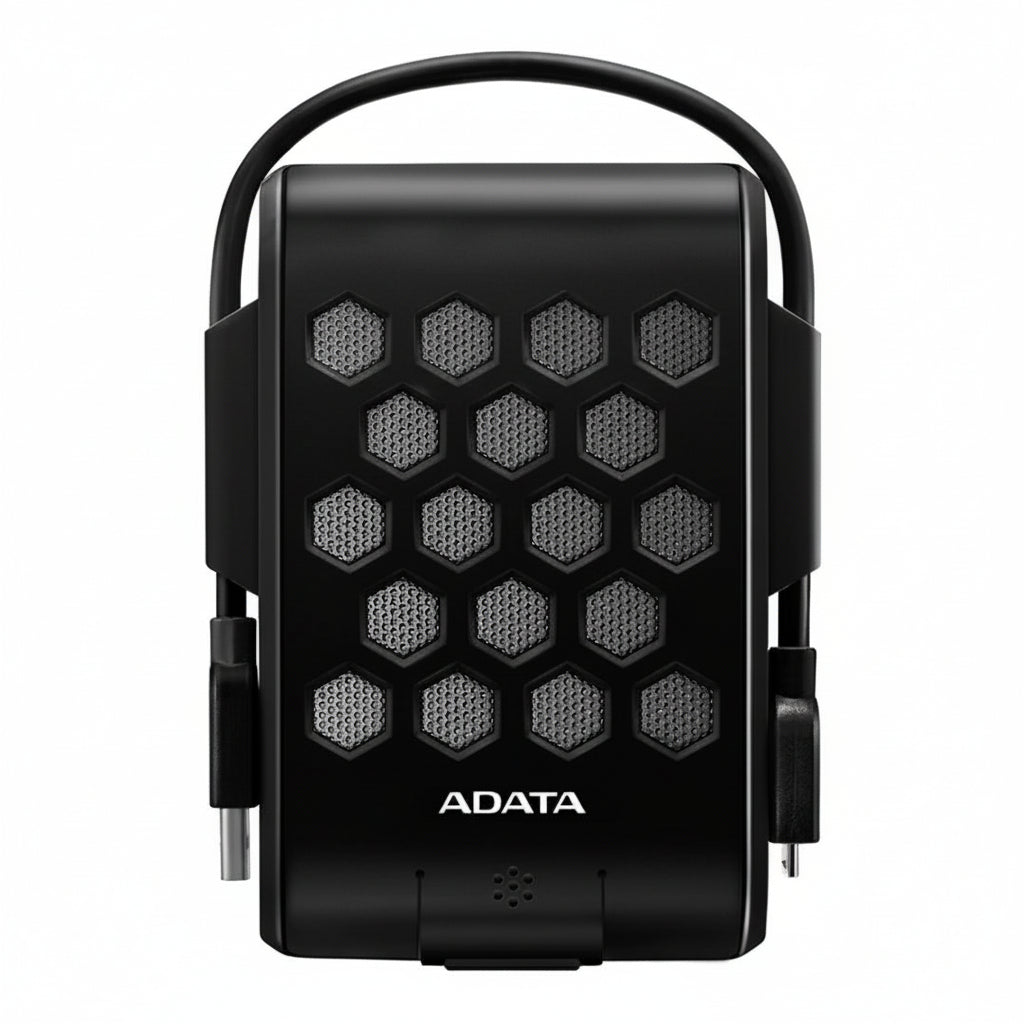 Front view of the black ADATA DashDrive HD720 1TB rugged external hard drive.

