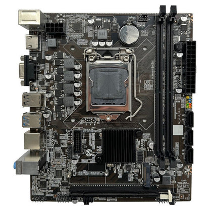 Top-down view of the Arktek AK-H110M EG Micro-ATX motherboard showing the LGA1151 CPU socket, dual DDR4 memory slots, PCIe x16 slot, M.2 connector, heatsink, and rear I/O ports.