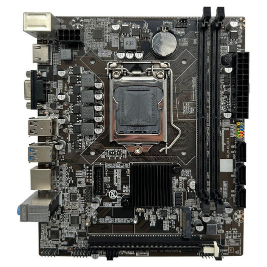 Top-down view of the Arktek AK-H110M EG Micro-ATX motherboard showing the LGA1151 CPU socket, dual DDR4 memory slots, PCIe x16 slot, M.2 connector, heatsink, and rear I/O ports.