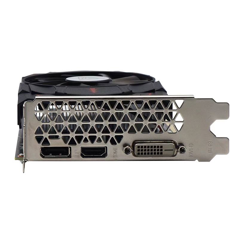 Graphics card with cooling fan and connectivity ports on a white background