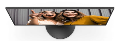 Sleek black electronic device with a display showing two people on a white background
