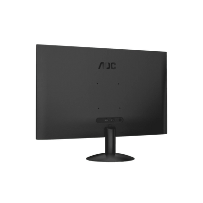 Slight angled rear view of the AOC Q27B30E 27 inch QHD IPS Monitor showing the stand, vesa mounting and connectivity ports 