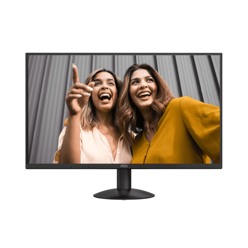 AOC Q27B30E 27 inch QHD IPS Monitor displaying two women laughing with a gray curtain background
