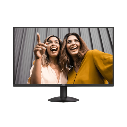 AOC Q27B30E 27 inch QHD IPS Monitor displaying two women laughing with a gray curtain background
