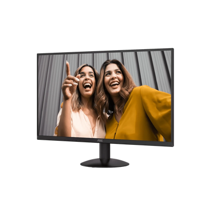 Slight right angled view of the AOC Q27B30E 27 inch QHD IPS Monitor displaying two women laughing and pointing, on a white background