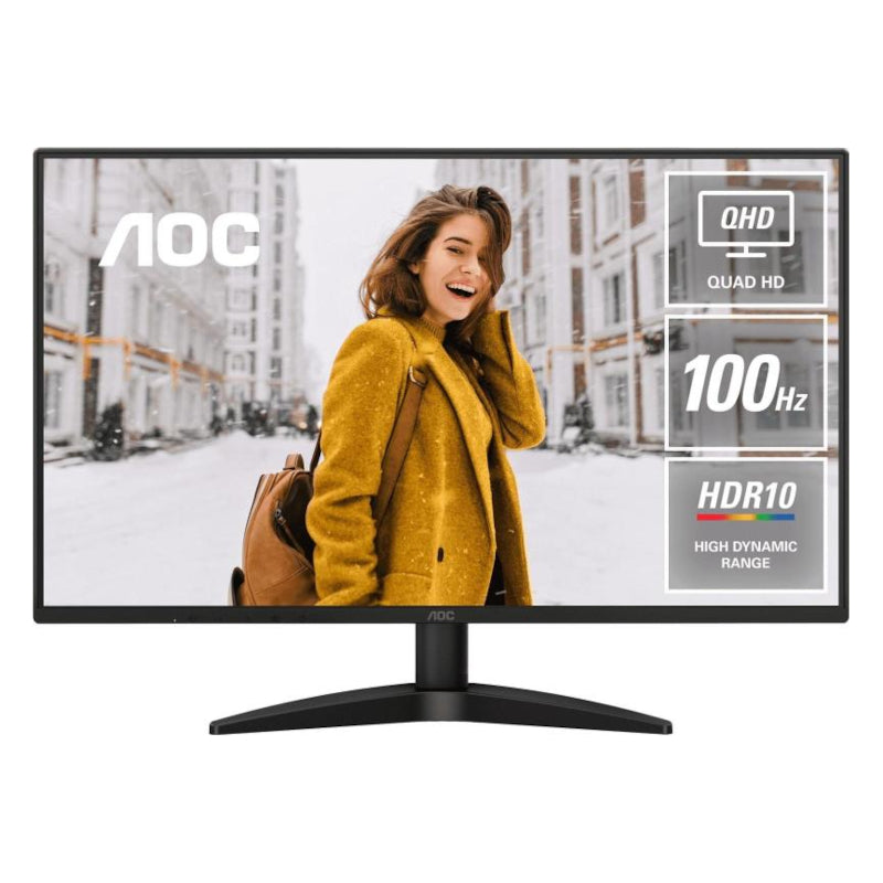AOC monitor displaying a woman in a yellow coat with technical specifications on a white background