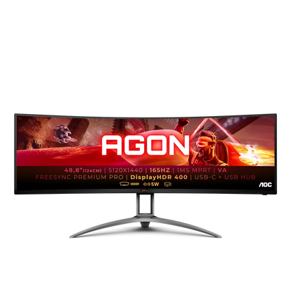 AOC AGON AG493UCX249 inch ultra wide curved gaming monitor with gaming graphics on a white background