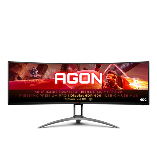 AOC AGON AG493UCX249 inch ultra wide curved gaming monitor with gaming graphics on a white background