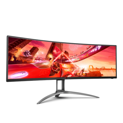 Slight angled view of the AOC AGON AG493UCX249 inch ultra wide curved gaming monitor