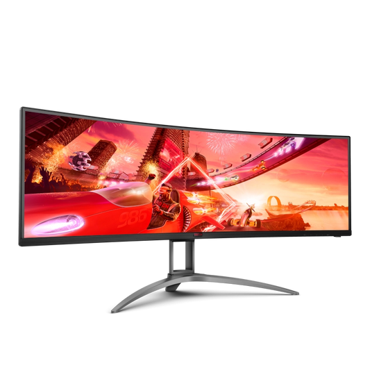 Slight angled view of the AOC AGON AG493UCX249 inch ultra wide curved gaming monitor