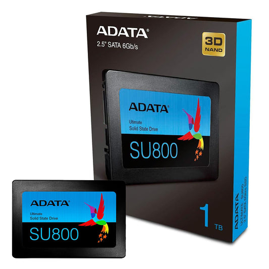 Front view of the black ADATA Ultimate SU800 1TB 2.5-inch SATA SSD.

