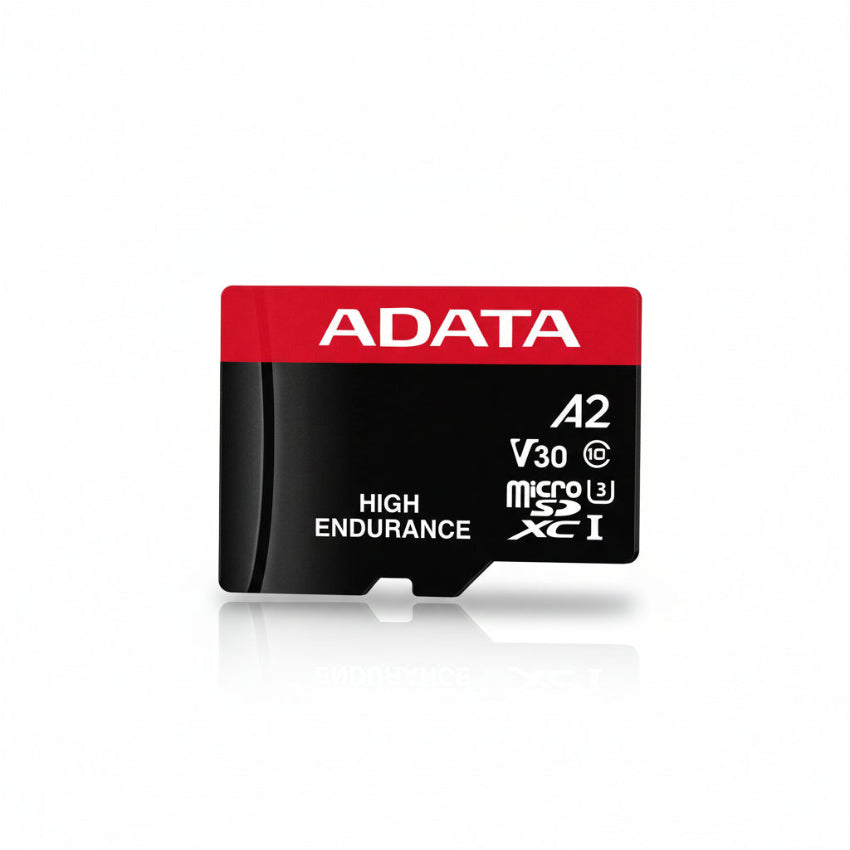 Front view of the ADATA Premier Pro 128GB microSDXC memory card (black/red).

