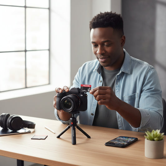 Context image of the card installed in a smartphone for 4K video recording and app storage.

