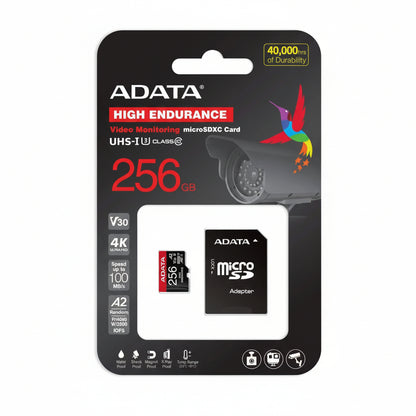 Front view of the ADATA High Endurance 256GB microSDXC memory card (black/red).