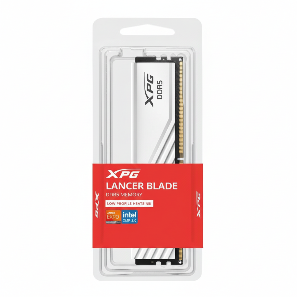 Front view of the white XPG LANCER BLADE 16GB DDR5 memory module.

