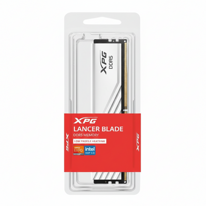 Front view of the white XPG LANCER BLADE 16GB DDR5 memory module.

