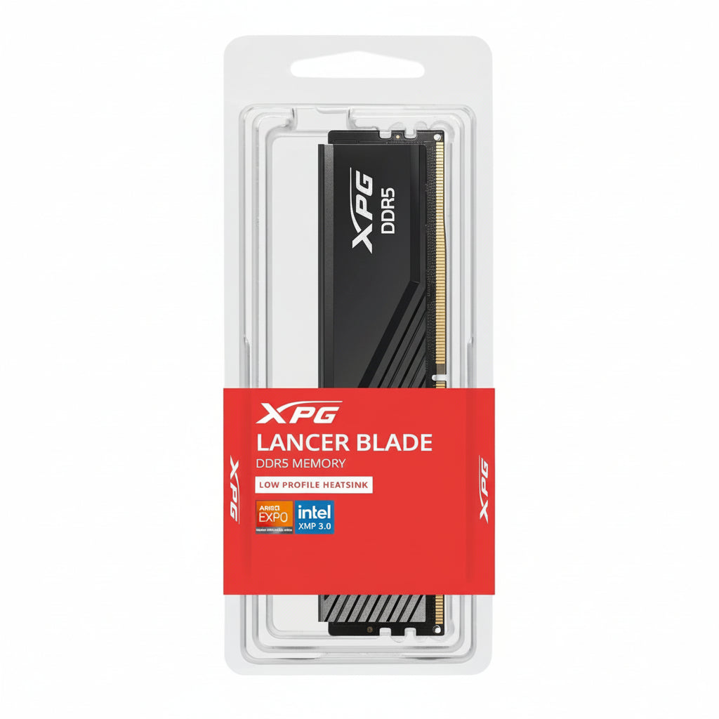Front view of the black ADATA LANCER BLADE 32GB DDR5 memory module.

