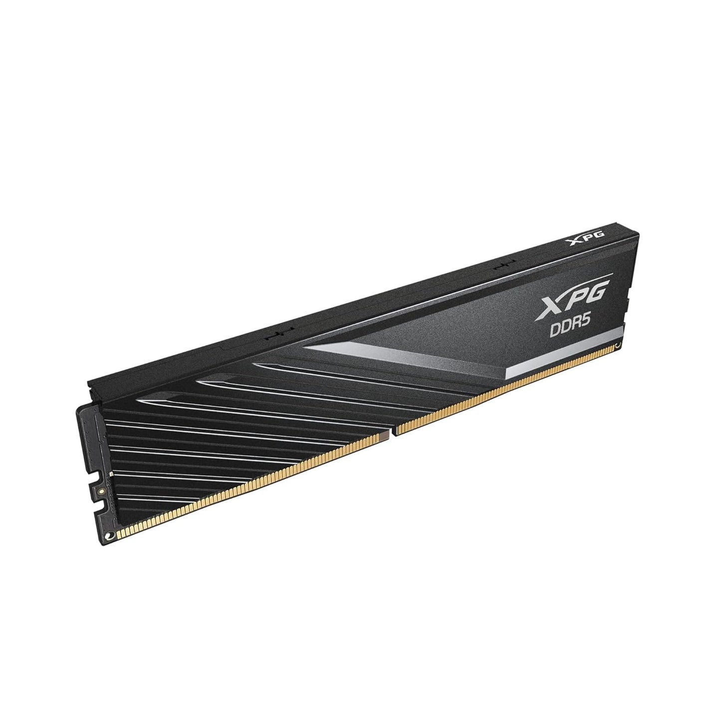 Close-up detail of the black aluminum heatsink with geometric line pattern.

