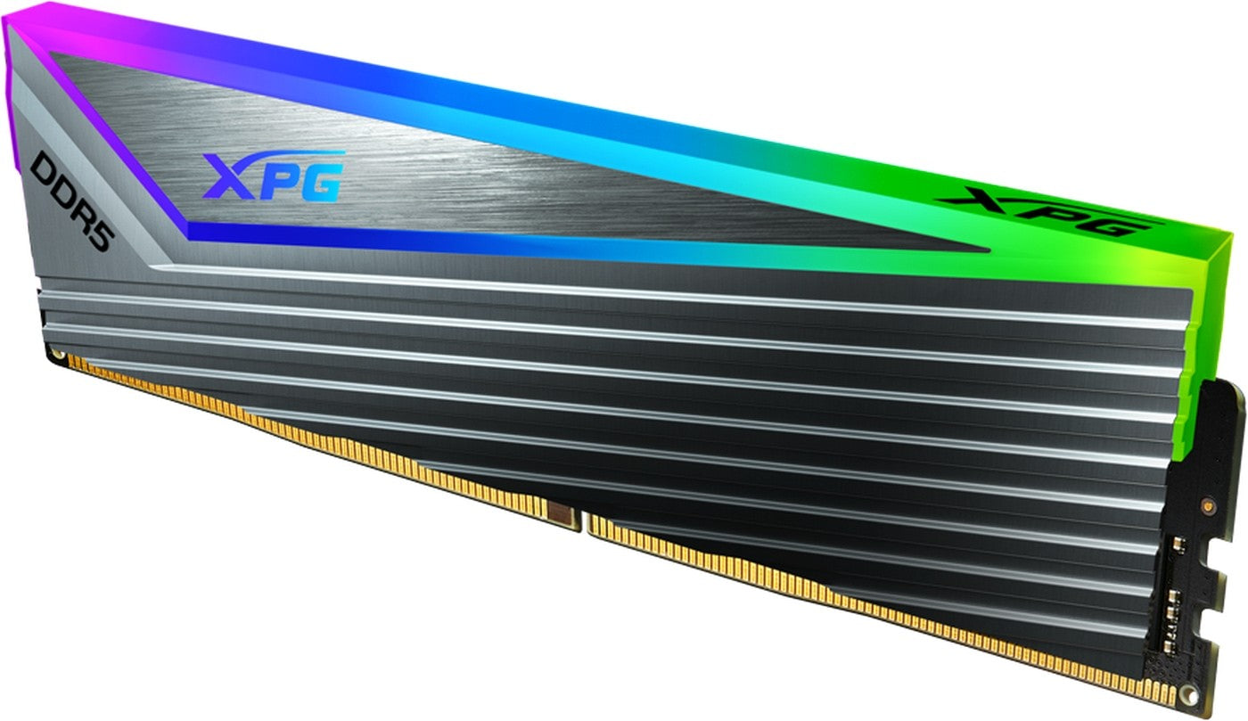 Front view of the XPG Caster RGB 16GB DDR5 6000Mhz desktop memory module, showing the heatsink and RGB lighting. 