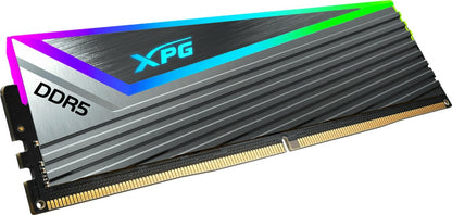 Side view of the XPG Caster RGB 16GB DDR5 6000Mhz desktop memory module, showing the heatsink and RGB lighting. 