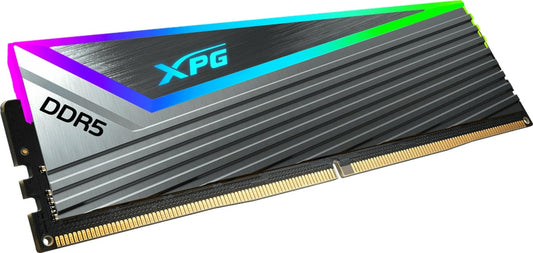 Side view of the XPG Caster RGB 16GB DDR5 6000Mhz desktop memory module, showing the heatsink and RGB lighting. 