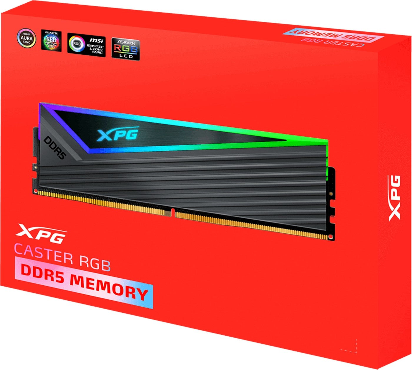XPG Caster RGB DDR5 memory module packaging on a red background