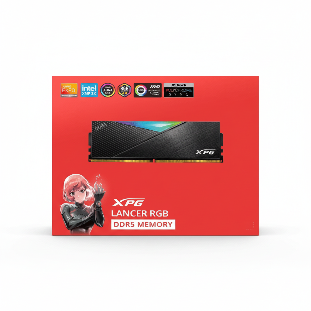 Front view of the black ADATA XPG LANCER RGB 16GB DDR5 memory module with RGB lighting.

